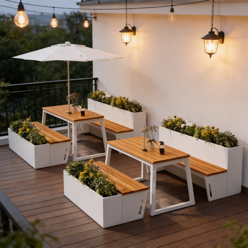 Outdoor Furniture Set, Large Terrace Garden Table and Chairs with Flower Box, Bench, Parasol, Lounge Chair Set, Waterproof and Sun-Resistant