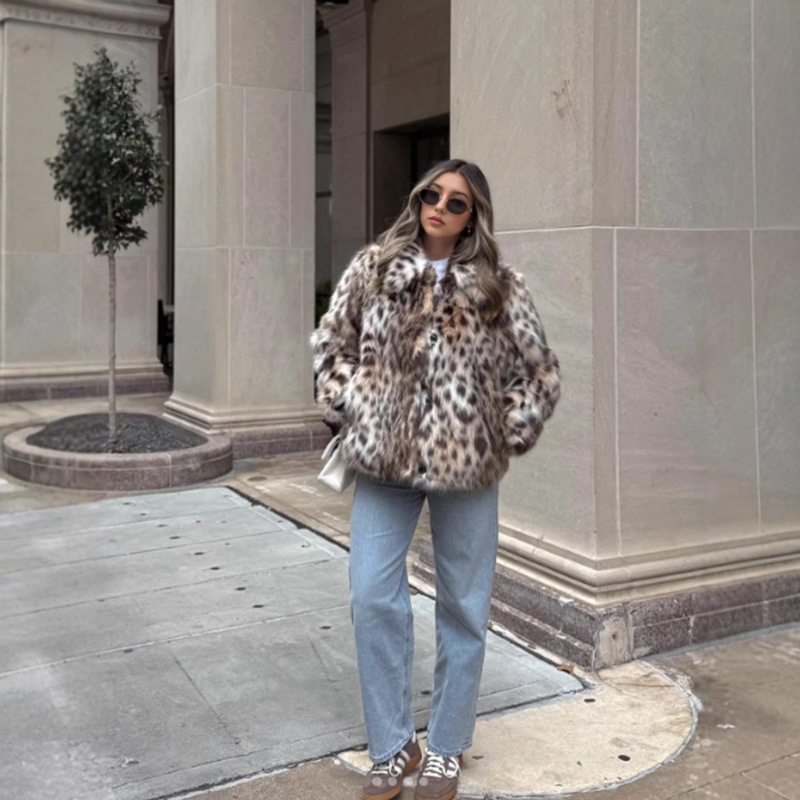 European and American Women's Fashion Autumn and Winter Warm Fur Coat with Lapel Animal Print Faux Fur Coat Fur Jacket Overseas Warehouse