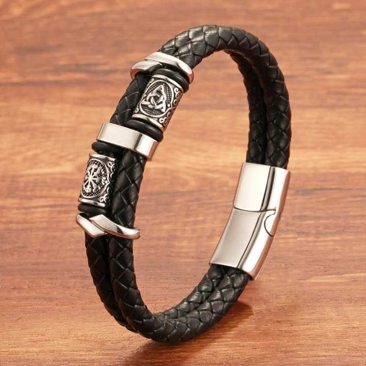 New Cross-Border Popular Handmade Black Leather Zinc Alloy Nordic Viking Double-Layer Beaded Men's Trendy Bracelet New Cross-Border Popular Handmade Black Leather Zinc Alloy Nordic Viking Double-Layer Beaded Men's Trendy Bracelet