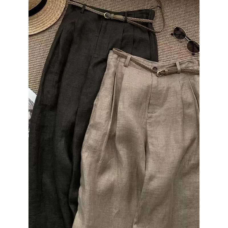 In-Stock Manufacturer Wholesale New Solid Color Linen Pleated Straight Wide-Leg Pants for Women with Belt