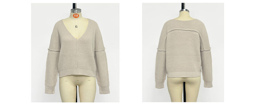 Women's V-neck solid color off-the-shoulder sweater sexy pullover_voghion.com