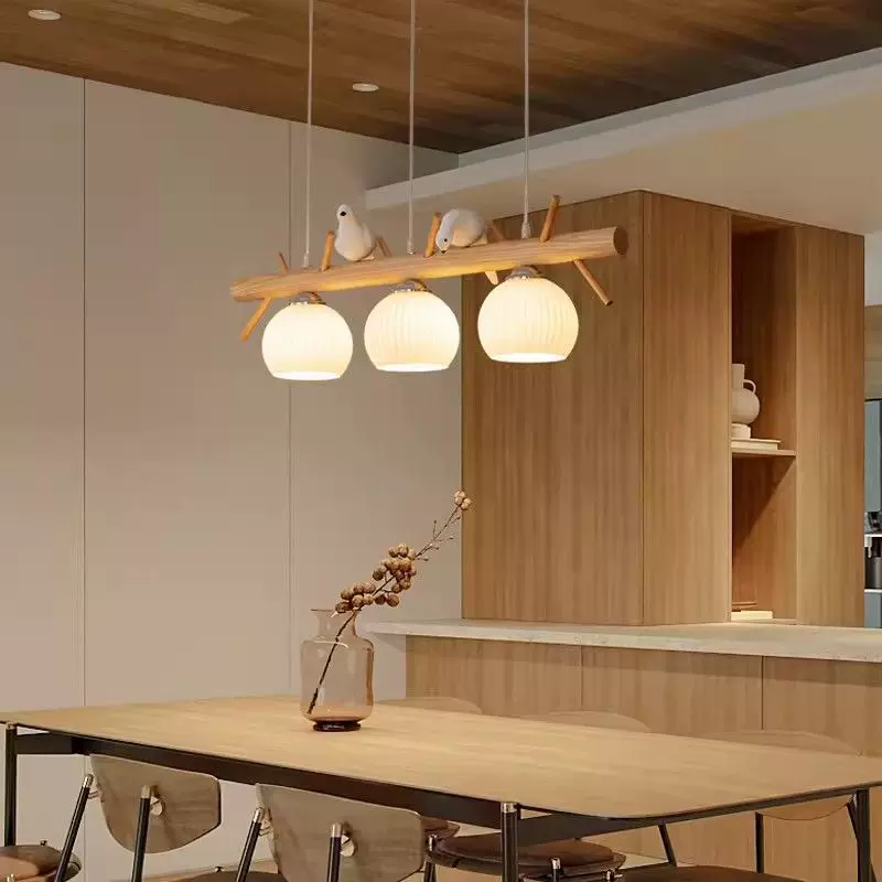 日式家用实木餐厅吊灯北欧简约饭厅吧台个性原木风led小鸟灯