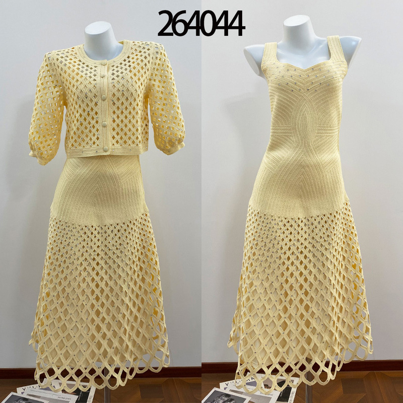 M Brand 264044 Early Spring New Imported Heavy-Duty Hollow-Out Mesh Rhinestone Embellished Strap Dress + Hollow-Out Cardigan for Women M Brand 264044 Early Spring New Imported Heavy-Duty Hollow-Out Mesh Rhinestone Embellished Strap Dress + Hollow-Out Cardigan for Women
