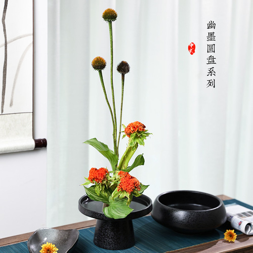 Japanese flower arrangement flower arrangement Ohara-ryu ikebana Chinese flower arrangement creative black Zen ceramic flower pot hydroponic flower tray