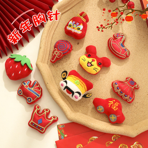 Chinese Red God of Wealth plush brooch wholesale embroidery cute diy pendant little tiger lollipop hair accessories