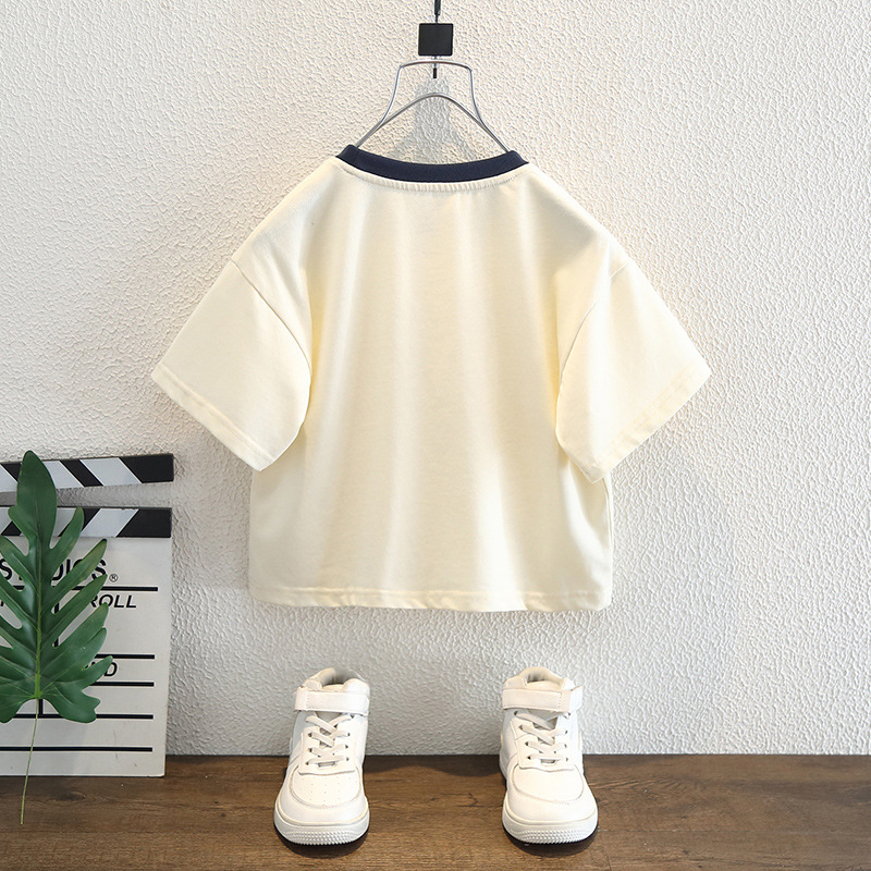 7980 Camiseta de manga corta de verano para niños Cuello redondo a juego de colores Dibujos animados casuales Niños y niñas Bebé Nuevo estilo Estilo occidental Camisa de algodón