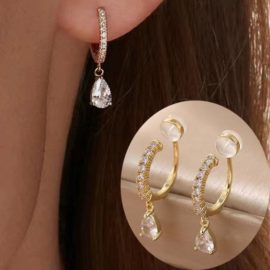New Style Silicone Ear Clips Without Pierced Ears, Korean Zircon Earrings for Women, High-End Water Drops, Exquisite and Simple Circle Ear Jewelry