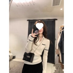 白色polo领针织打底衫女秋冬长袖上衣复古撞色小香风内搭修身毛衣