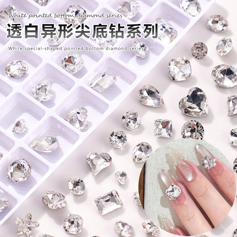 Wholesale Transparent White Nail Art Accessories, Transparent Pointed Bottom Diamonds, Sparkling Big Crooked Heart Fat Square Butterfly White Diamond Nail Accessories