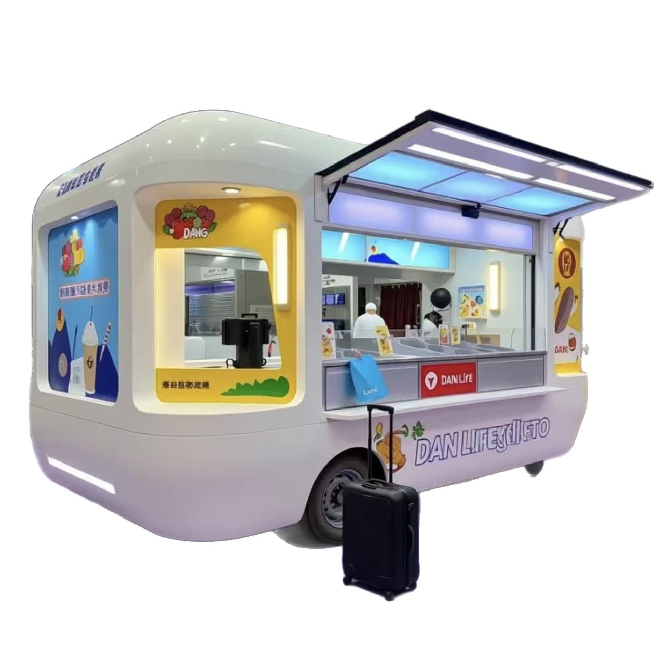 Yuncang café, té con leche, comida comercial, punto escénico móvil, carro eléctrico de bocadillos de cuatro ruedas, carro eléctrico de restaurante de cabina