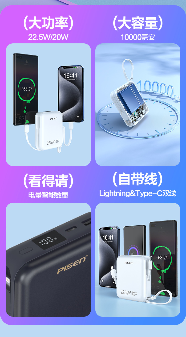 PISEN22.5W正方形雙快充線數顯快充電寶10000mA