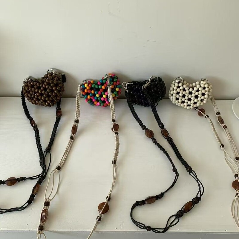 2025 Summer Women's Bag Love Hand-woven Wooden Beads Handheld Children's Crossbody Bag Little Girl Beads Bag