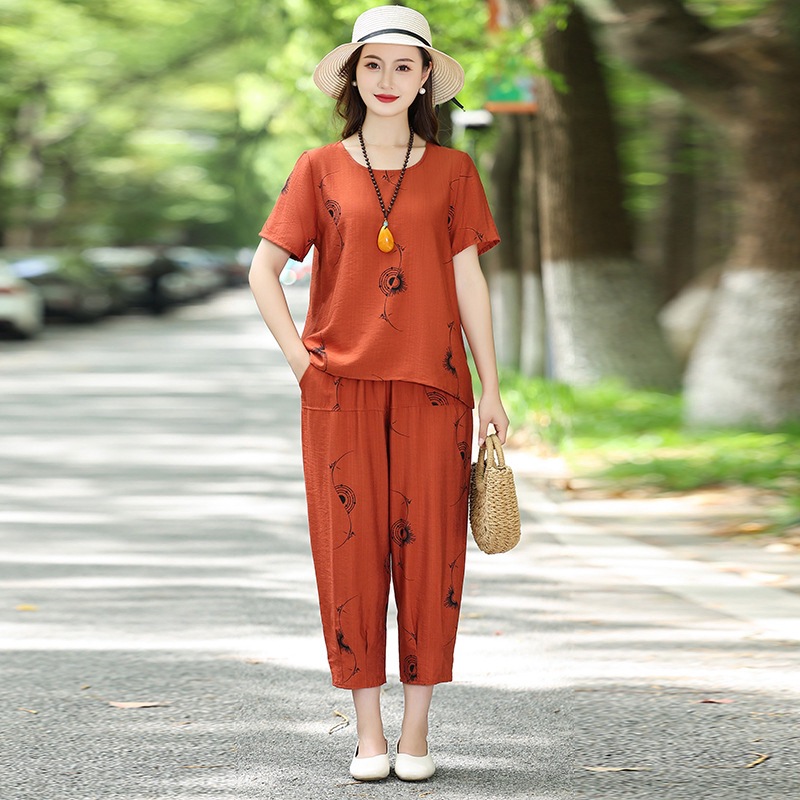 Mom's Ice Silk Linen Suit Women's Summer Loose Large Size Comfortable Breathable Short-Sleeved Middle-Aged and Elderly Elastic Waist Two-Piece Set
