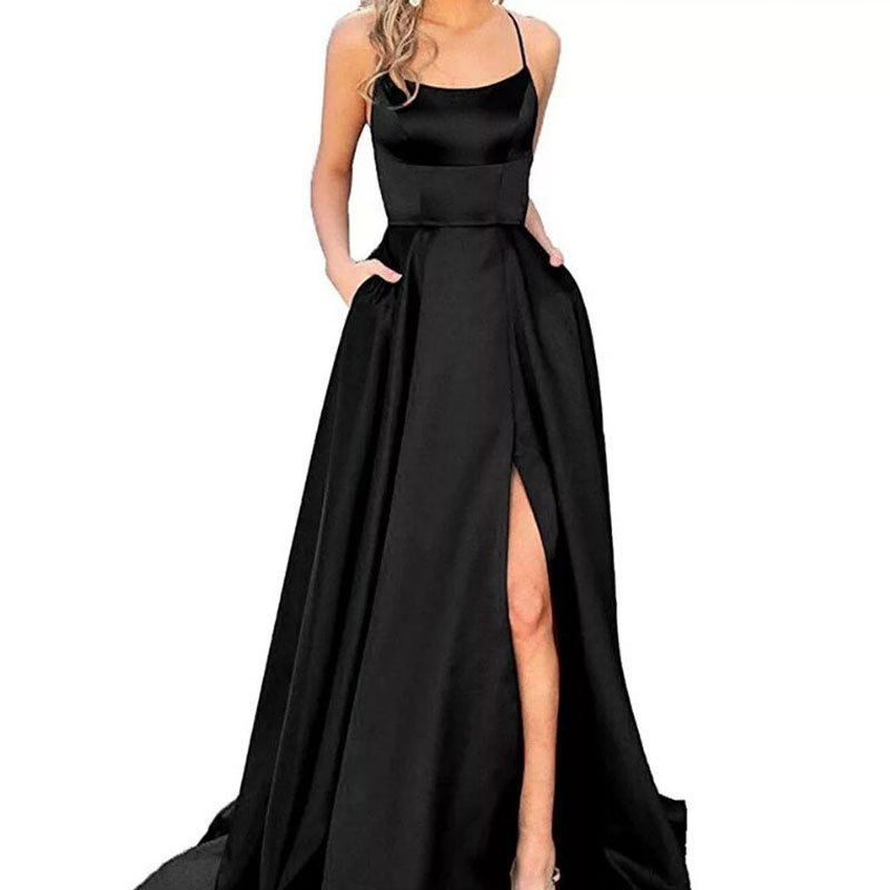 El Comercio exterior europeo y americano Amazon AliExpress deseo vestido de noche de las mujeres sexy Correa simple satén vestido largo