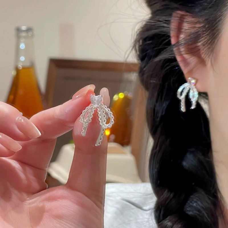 フレンチレースリボンイヤリング s925 シルバー針レディースニッチデザイン絶妙なハイエンドイヤリングリボンイヤリング|undefined