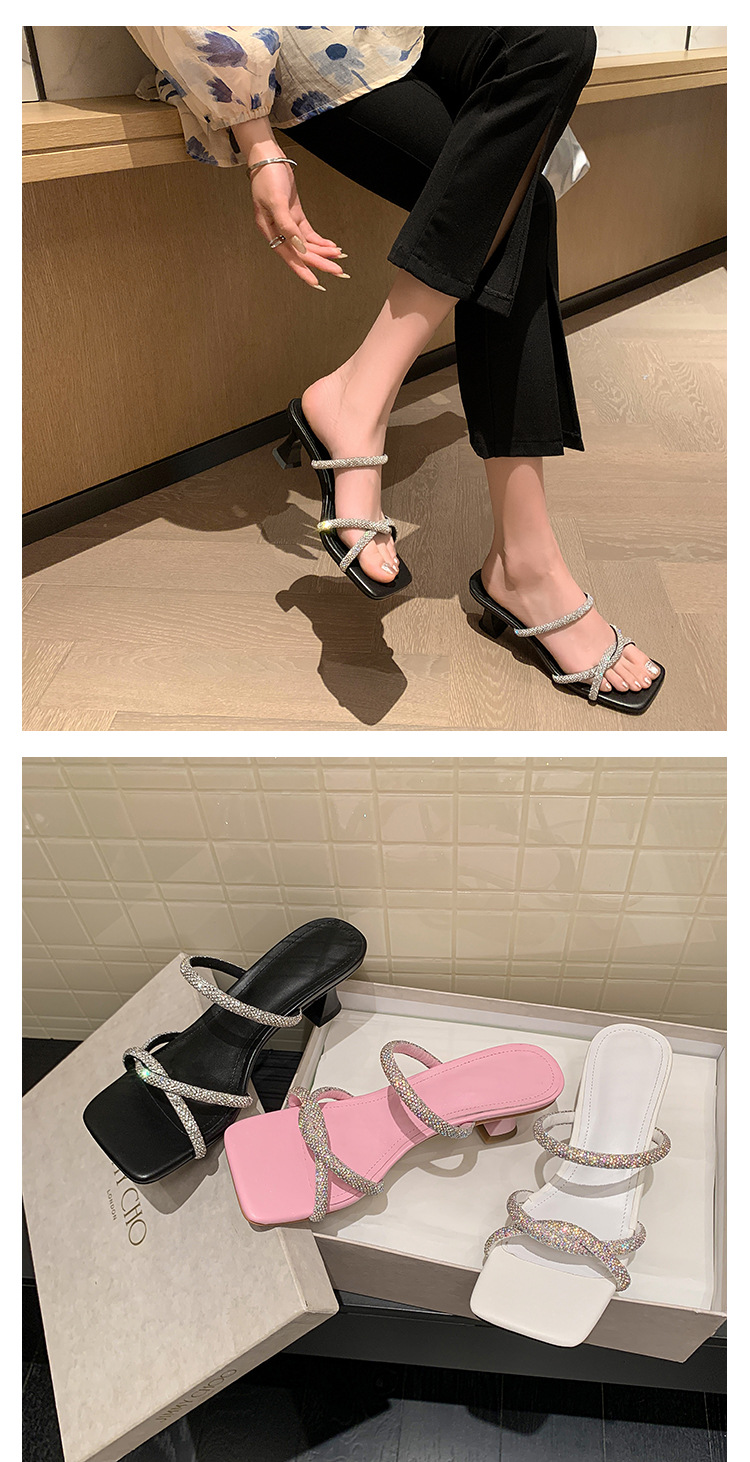 Dép sandal cao gót nữ quai mảnh đính đá mũi vuông gót dày 9 cm — đen, màu hồng, trắng chi tiết 17
