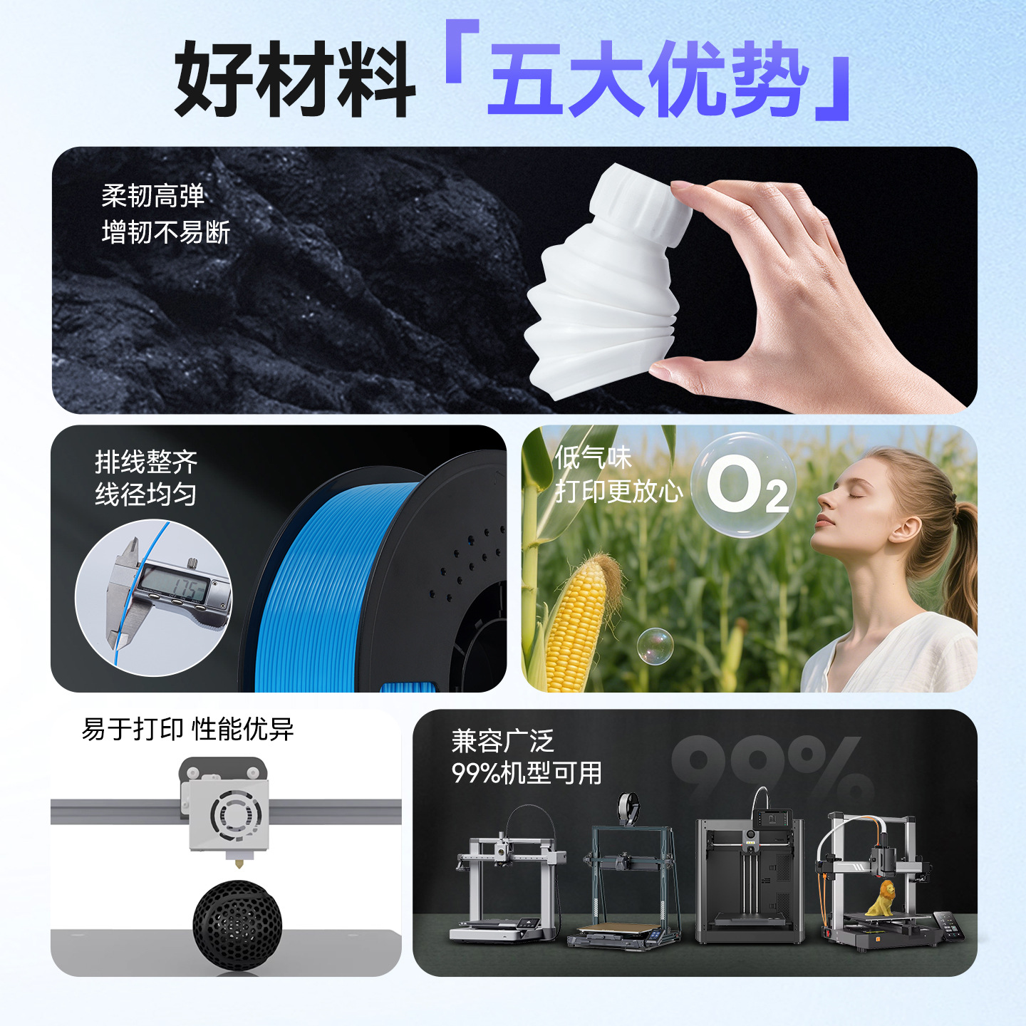 Filamento de impresión 3D Qipang TPU-95A3D de 1.75 mm y 1 kg, material de filamento suave adecuado para impresoras 3D y TuoZhu.