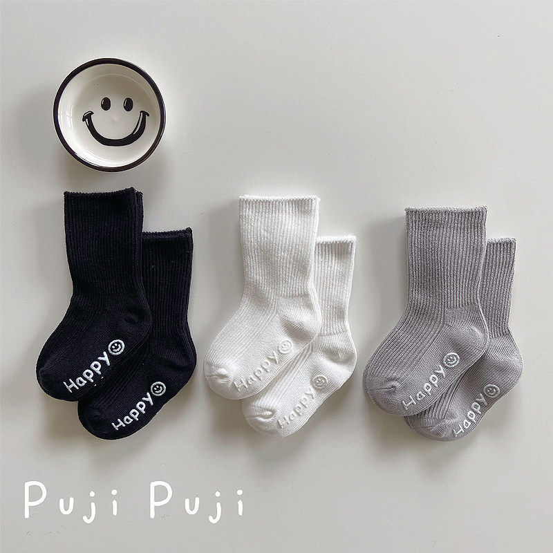 Baby socks, spring and autumn cotton mid-calf socks, black, white, gray, kindergarten student socks, Korean style smiley face baby non-slip socks