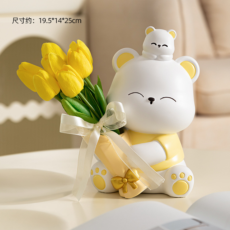 포옹 곰 꽃을 들고 노란색 큰 + 노란색 튤립 7 (무료 리본)