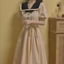 学院风小清新甜美海军领连衣裙女学生韩版法式复古中长裙