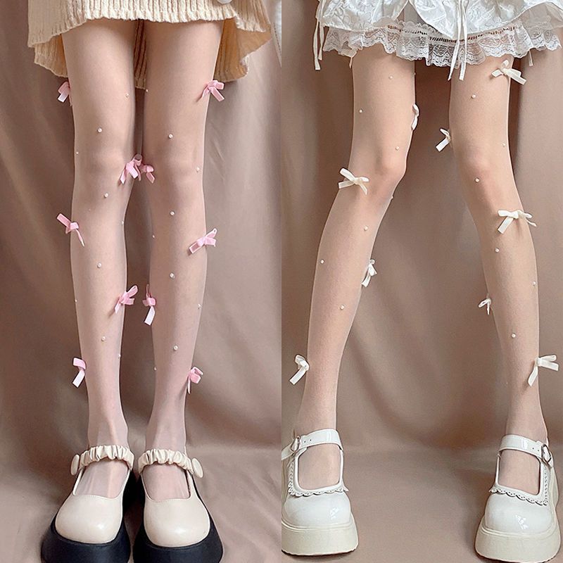 Invisible Ruan White Silk Stockings Women's Summer Japanese Style Bow Pure Desire Style Pearl Niche Design Lolita Pantyhose