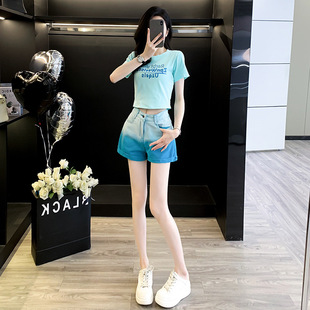 2024 New Short-Sleeved Summer Suit Women's Fashion Age-Reducing Gradient T-Shirt Denim Shorts Two-Piece Set A-Line Hot Pants