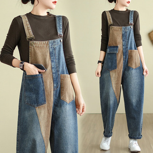 2024 Spring New plus size one-piece wide-leg cropped pants loose slimming contrast color fashion Denim suspender pants for women