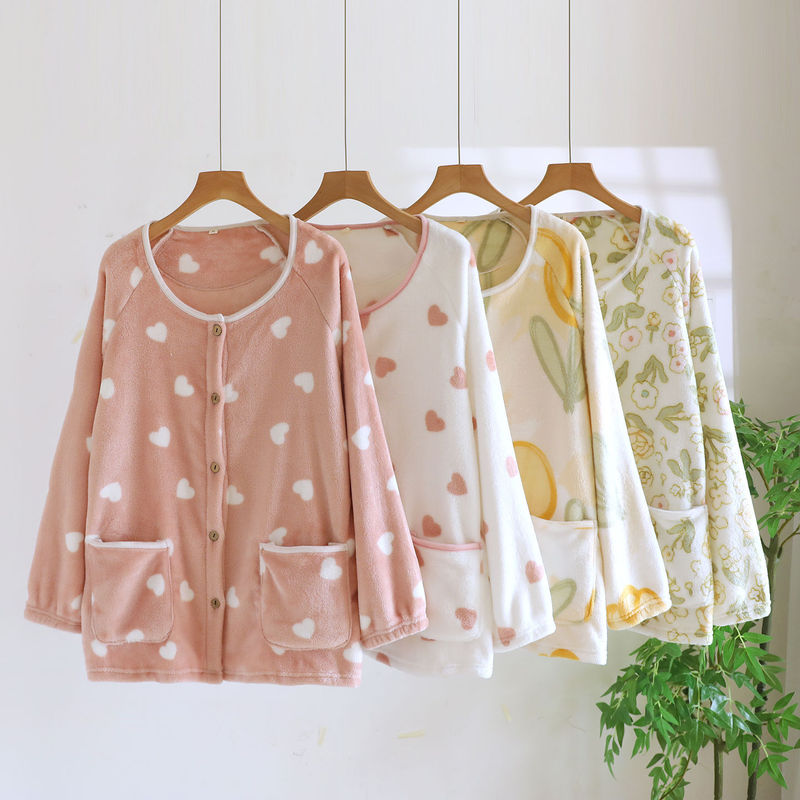 Round Neck Cute Bear Thickeneded Cardigan Women's Flannel Pajamas Korean Style Large Size Coral Velvet Home Wear Single Top