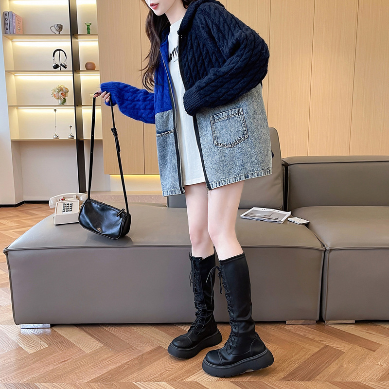 秋冬新款韩版宽松休闲设计感毛衣外套拉链连帽拼接牛仔针织衫女|undefined