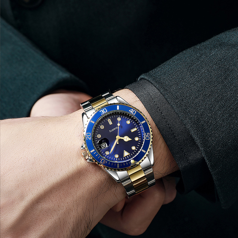 Reloj de cuarzo con calendario de fantasmas de agua verde para hombres de negocios casuales con cinturón de acero, reloj de buceo con espejo de zafiro para hombres en stock