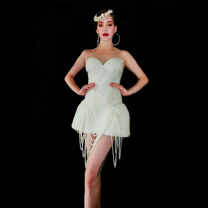 Birthday New European and American Sexy Mesh Pearl Dress Cut Out See-through Slim Skirt Evening Dress Stage Performance Clothing