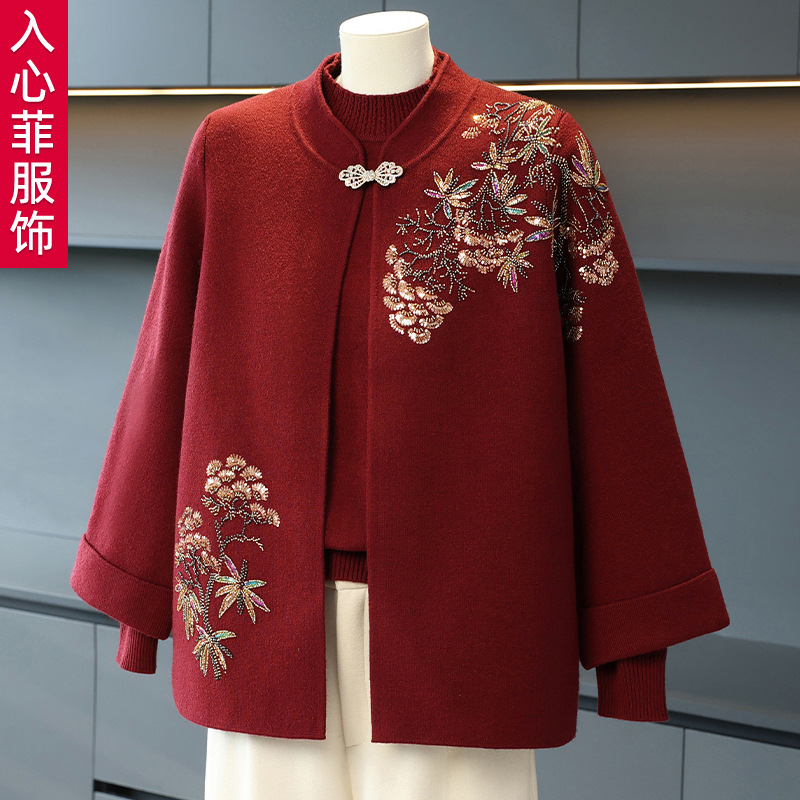 奶奶婚宴礼服喜婆婆女中老年人秋装妈妈两件套装老人外套喜庆上衣