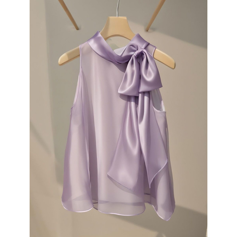 Light and Sophisticated French-Style Niche Purple Chiffon Sleeveless Shirt for Women, Unique and Beautiful Fairy-Like Fluttering Bow Top for Summer