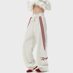 アメリカンレタープリントスウェットパンツメンズ春秋レトロスリーストライプドレープパンツフロアレングスストレートカジュアルパンツ
