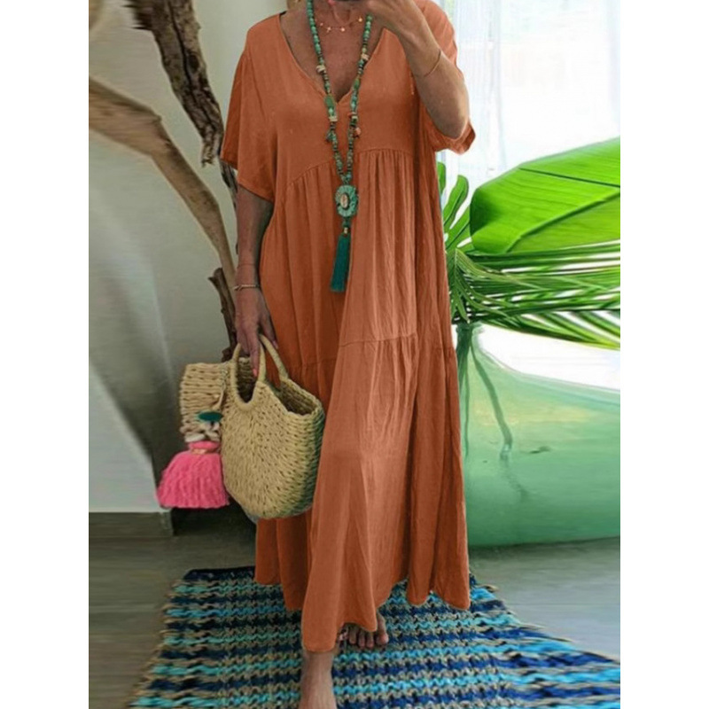 European and American Cross-Border 2025 New Summer Women's Solid Color Loose V-Neck Short-Sleeved Dress