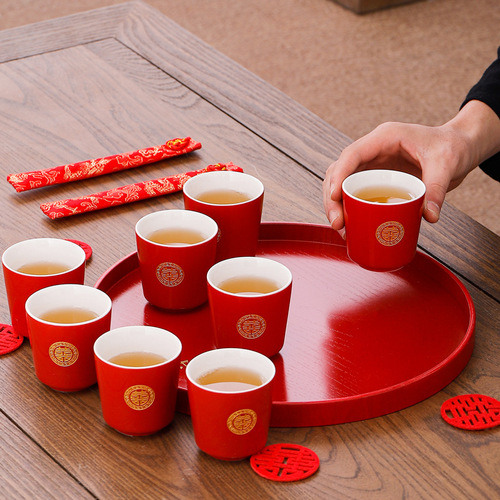 Teacup Set Ceramic Wedding Supplies Change Mouth Teacup Wedding Double Happiness Cup Marriage Chinese Red Double Happiness Teacup