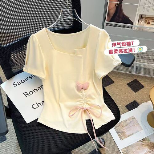 Dopamine-designed 3D floral drawstring pleated short-sleeve T-shirt top for women - summer sweet, versatile, and gentle style
