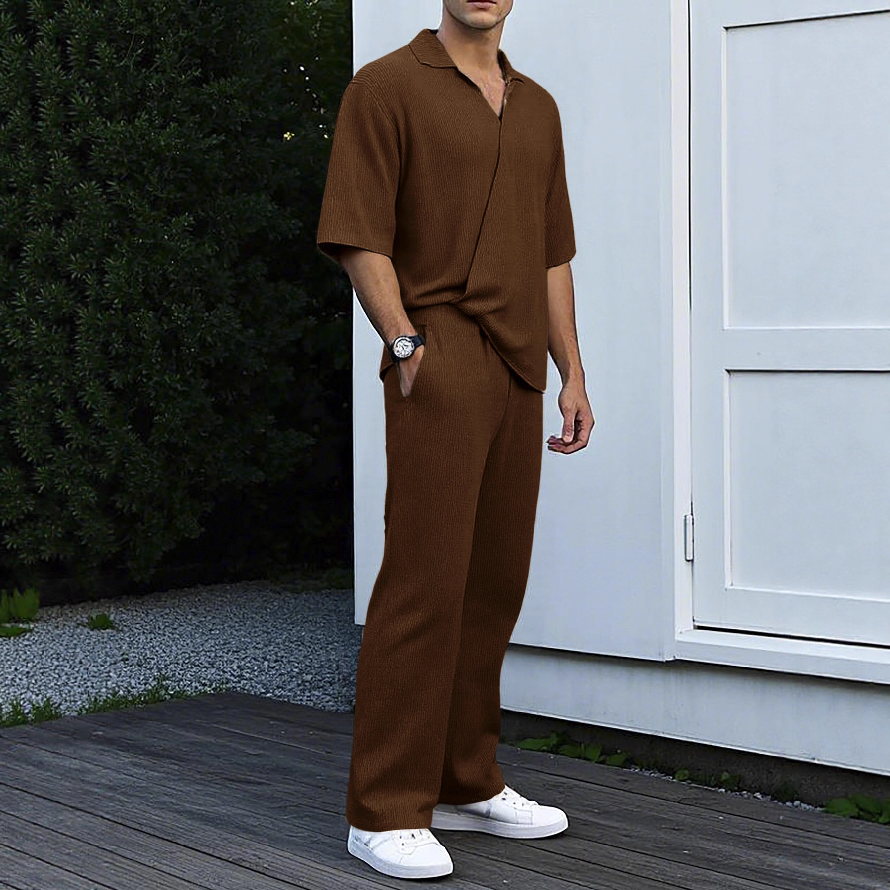 Monochrome Man- Cross-Border European And American Spring Summer New Commuter Japanese Drama Men's Casual Bubble Wrinkle Solid Color_voghion.com