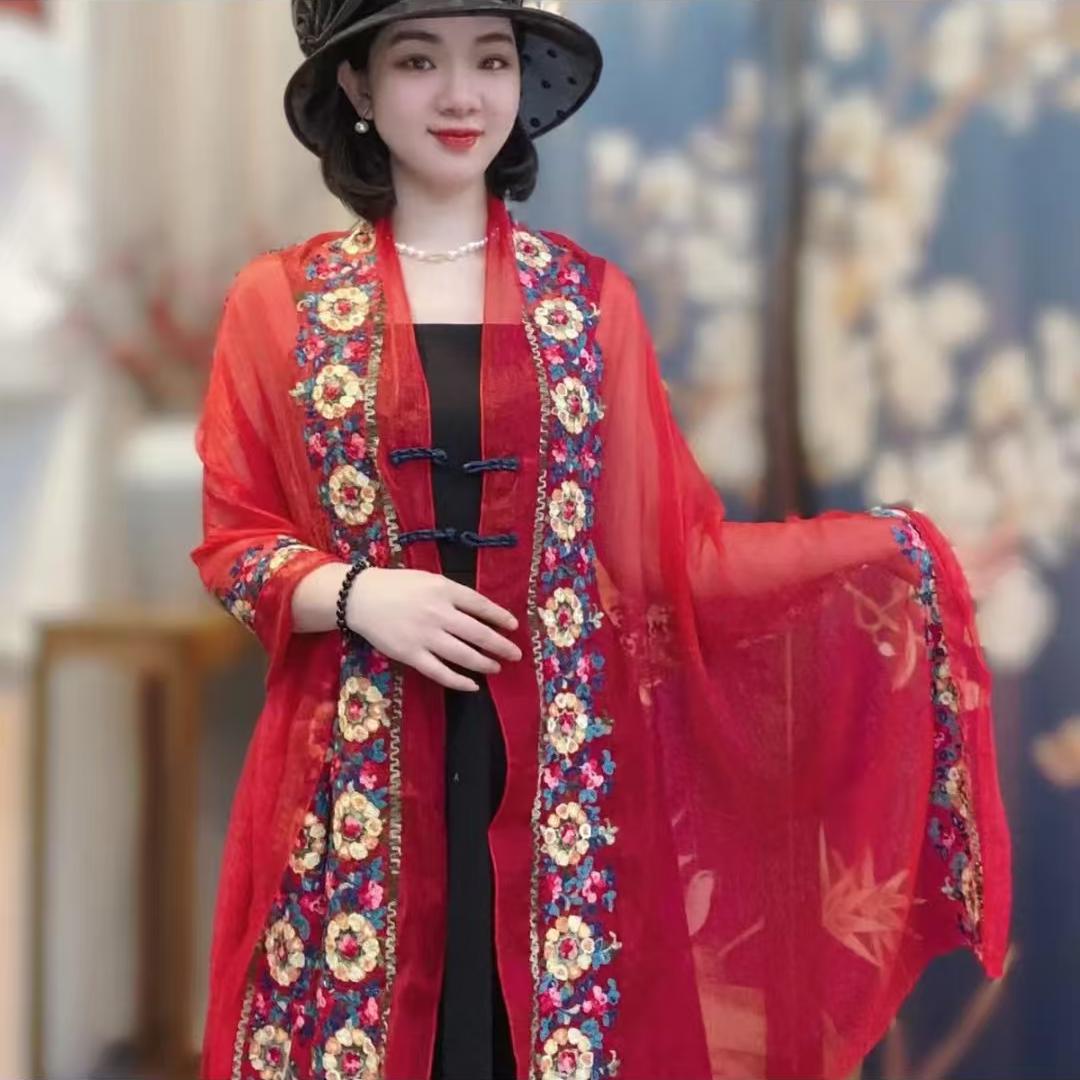 Spring and Summer New Style Embroidered Glass Silk Shawl, Stylish and Versatile, Sun Protection Shoulder Scarf, Outdoor Photography Women's Cape