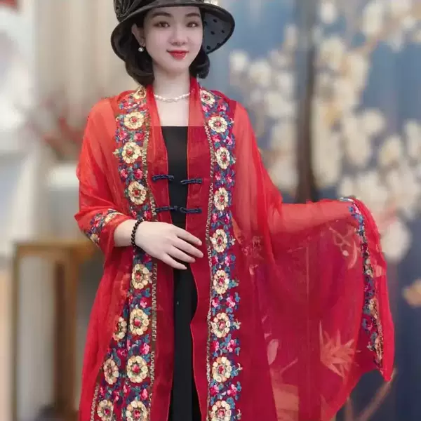 Spring and Summer New Style Embroidered Glass Silk Shawl, Stylish and Versatile, Sun Protection Shoulder Scarf, Outdoor Photography Women's Cape