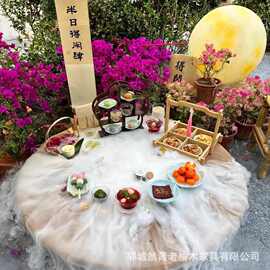 侘寂风老榆木餐桌家用冰茶桌下午茶冰饮水果圆桌实木火锅桌围炉桌