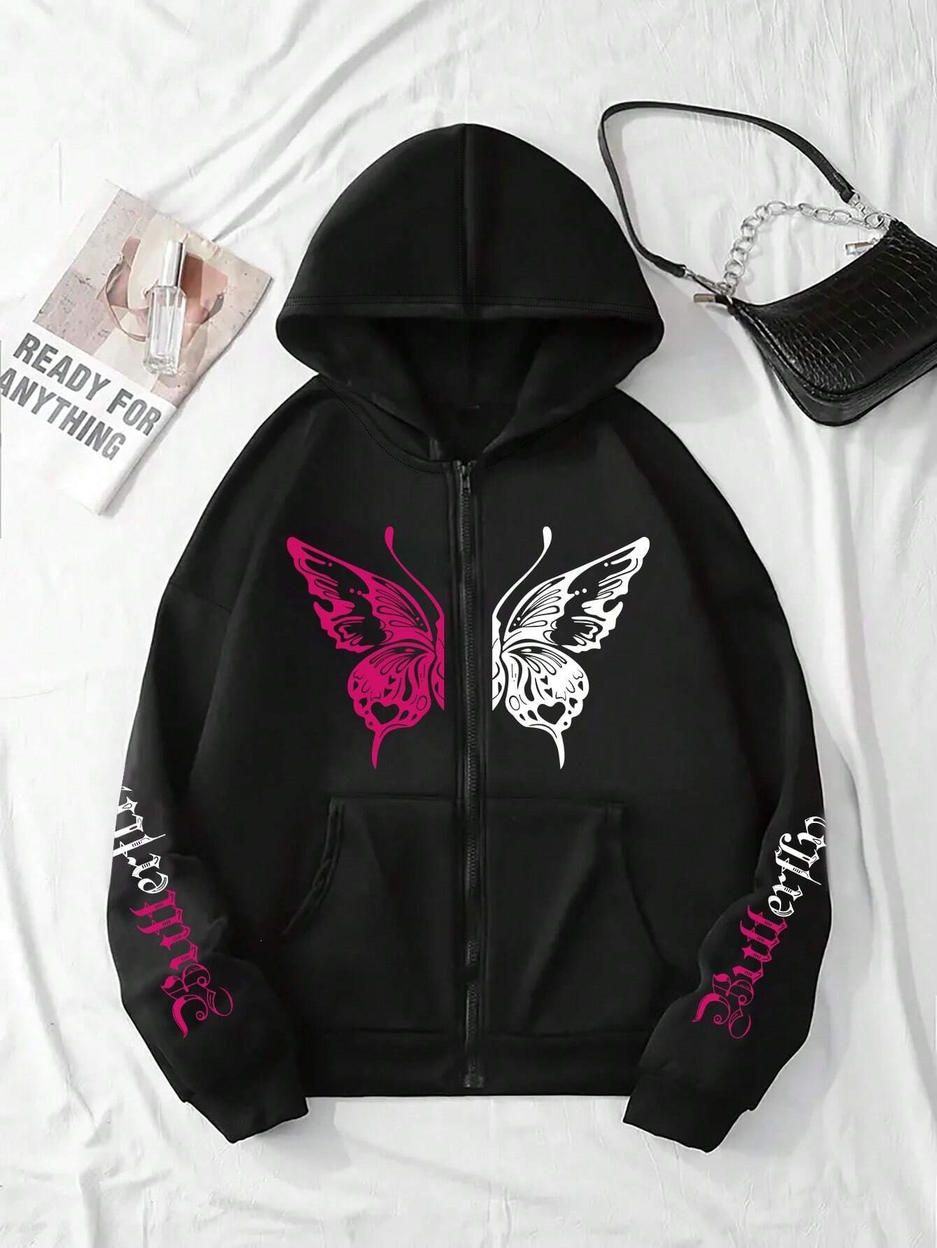 Tendencia transfronteriza mariposa capucha suéter mujer estilo coreano cremallera suelta abrigo otoño e invierno engrosado suéter de mujer de terciopelo