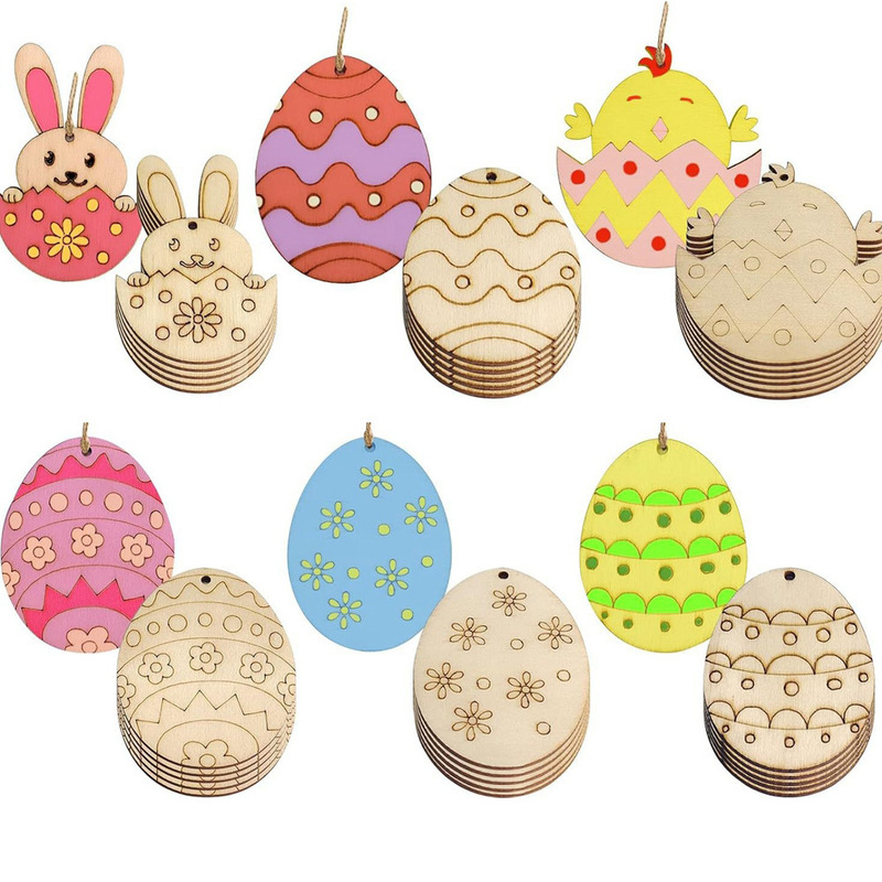30Pcs Hand Drawing Easter DIY Wooden Rabbit Easter Egg Wood Chips Unfinished Handicrafts Decoration Party