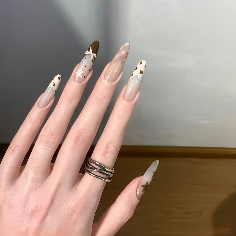 Cream Leopard Print Star Press-On Nails Korean Style Ins Trend Simple White-Enhancing French New Long Style Autumn and Winter Nail Stickers Cream Leopard Print Star Press-On Nails Korean Style Ins Trend Simple White-Enhancing French New Long Style Autumn and Winter Nail Stickers