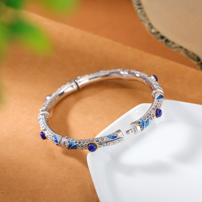 Vòng tay bạc S925 mạ vàng hạt Lapis lazuli phong cách cổ điển họa tiết tre lá rỗng — Các mặt có thể được mở (khoảng 21.5 gram)