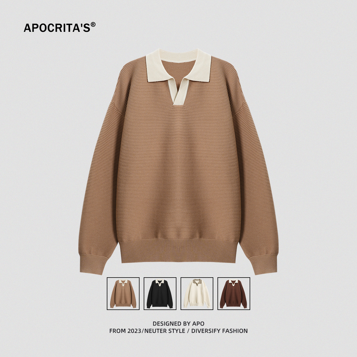 APO men's | Modal Knitwear Autumn/Winter 2023 pilled sweater with lapel long sleeve POLO collar loose top