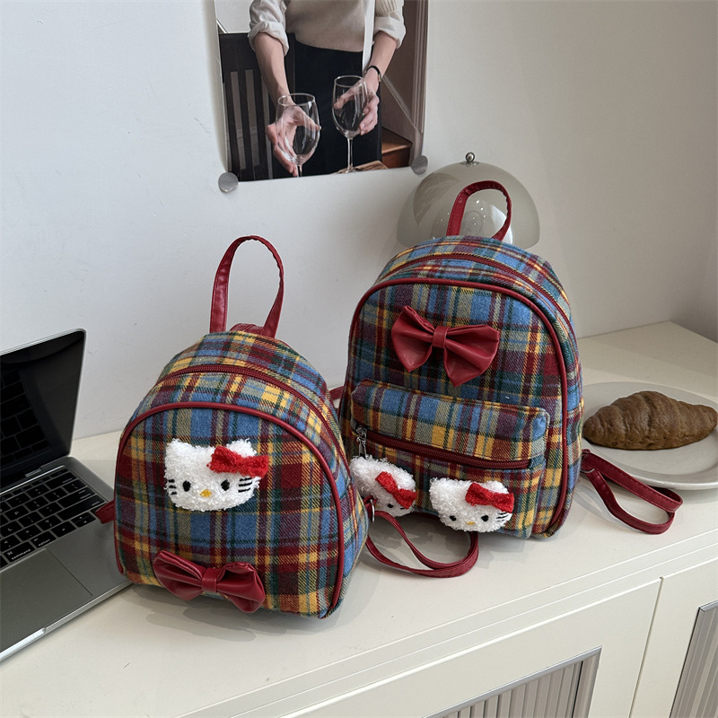 Hermosa mochila retro retro arco, estilo universitario para mujeres, universidad, exquisita mochila a cuadros rojos. image 5