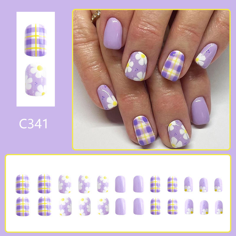Short glossy square nail early spring plaid purple flowers summer fresh sweet ins wear nail detachable 24 pieces_voghion.com