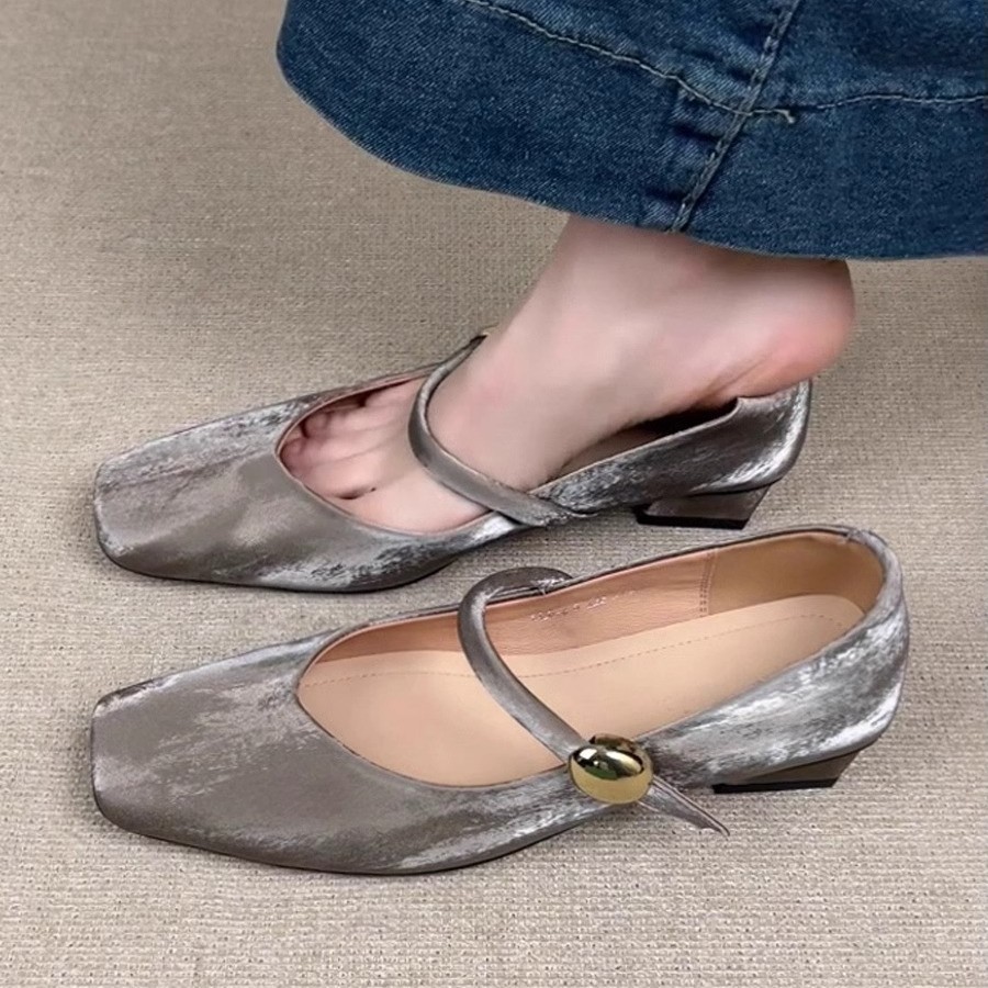 Piel de cordero súper suave ~ Zapatos individuales franceses, zapatos de ballet de tacón bajo con cabeza cuadrada para mujer, zapatos retro Mary Jane con hebilla