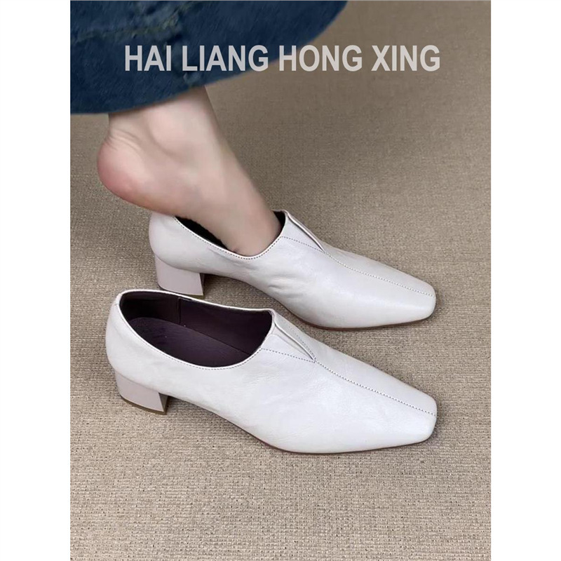 羊皮版~法式方头粗跟单鞋女新款通勤气质一脚蹬乐福鞋中跟小皮鞋|undefined